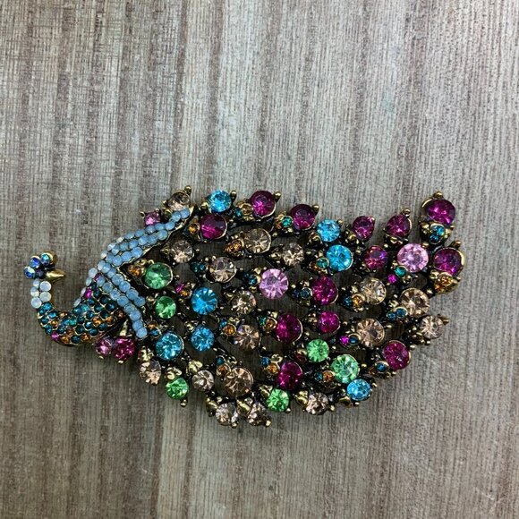 Peacock Jeweled Multi Colored Rhinestone Vintage Style Gold Tone Brooch - Picture 1 of 7
